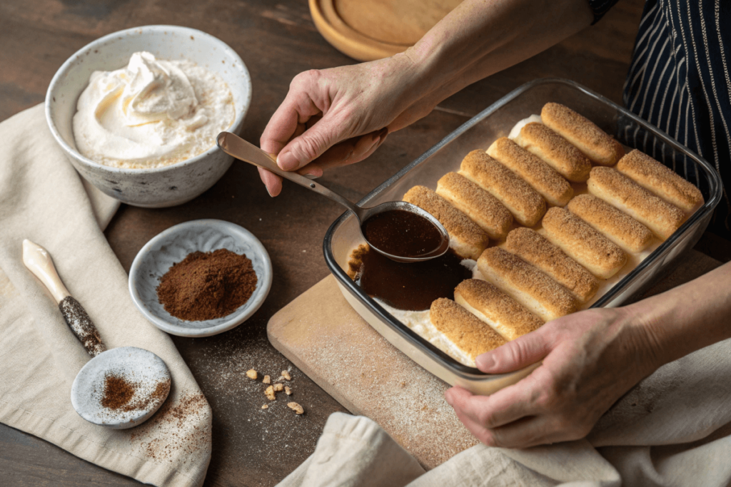 Hands dipping ladyfingers into espresso while assembling tiramisu.