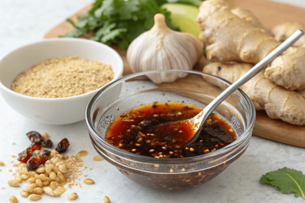 Korean-style sauce being mixed with gochujang, soy sauce, and sesame oil.