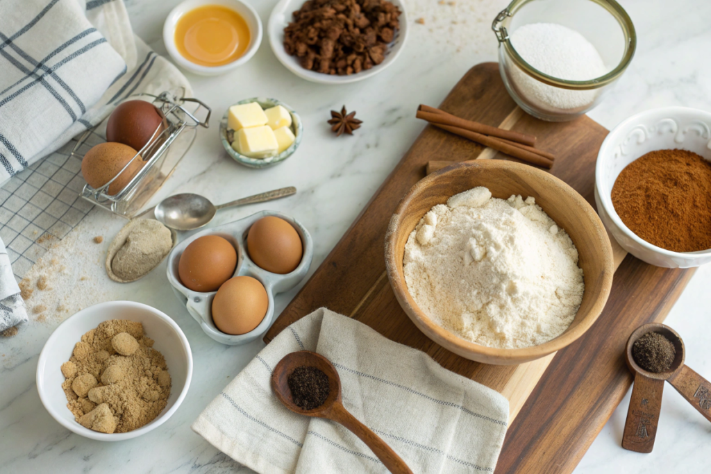  Coffee cake cookie ingredients including flour, sugar, spices, eggs, and butter.