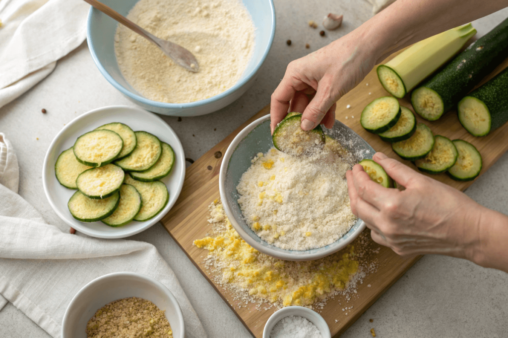  Step-by-step breading process for crispy zucchini bites.