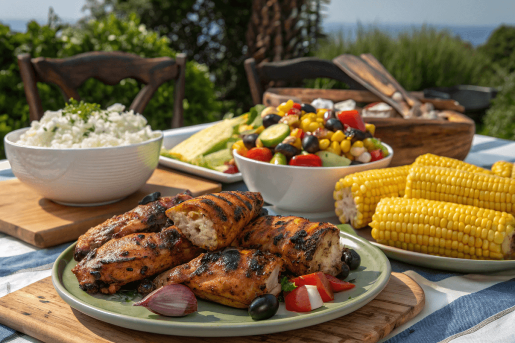 A grilled chicken meal with Greek salad, grilled corn, and garlic butter rice.