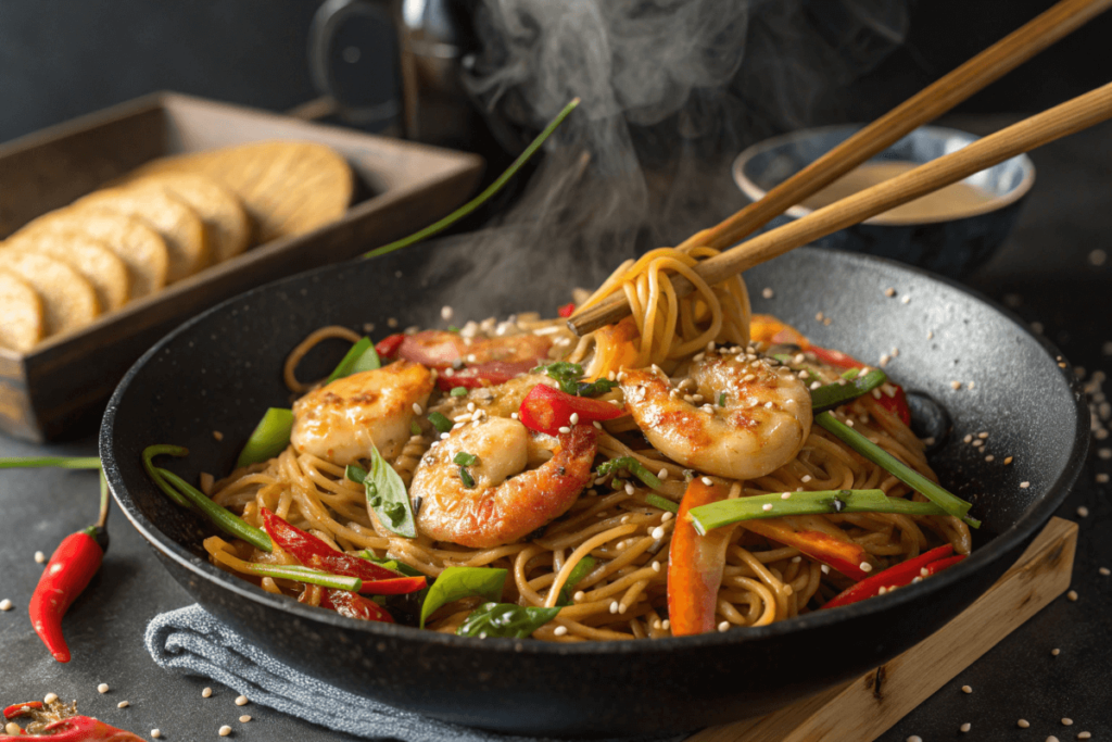  High-Protein Shrimp Stir Fry with Noodles in a wok