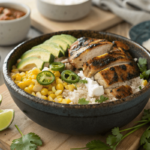 Delicious Street Corn Chicken Rice Bowl with grilled chicken, street corn, and rice.