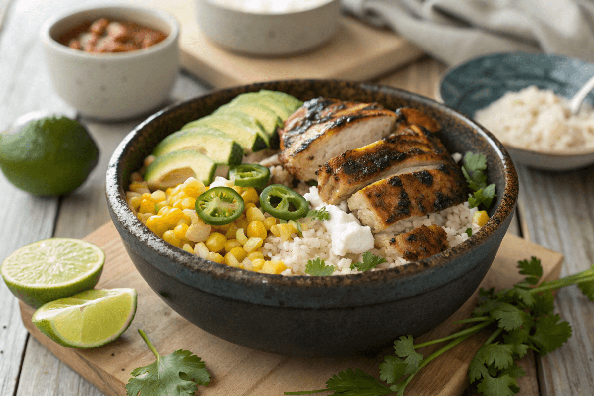 Delicious Street Corn Chicken Rice Bowl with grilled chicken, street corn, and rice.