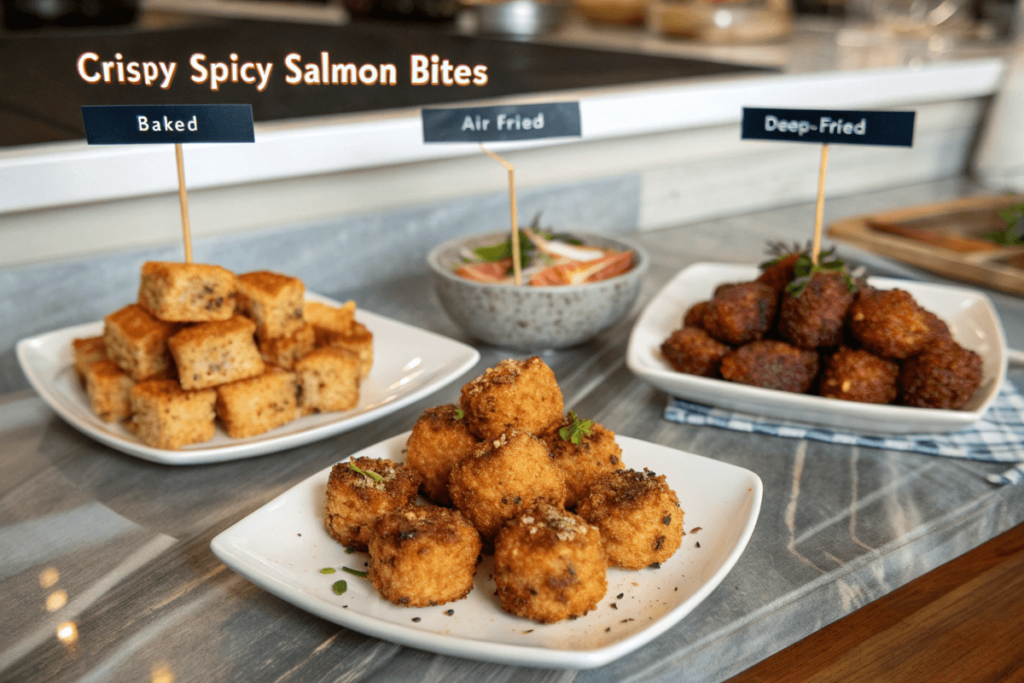  Side-by-side comparison of baked, air-fried, and deep-fried salmon bites