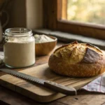 Freshly baked sourdough bread on a wooden board in a rustic kitchen