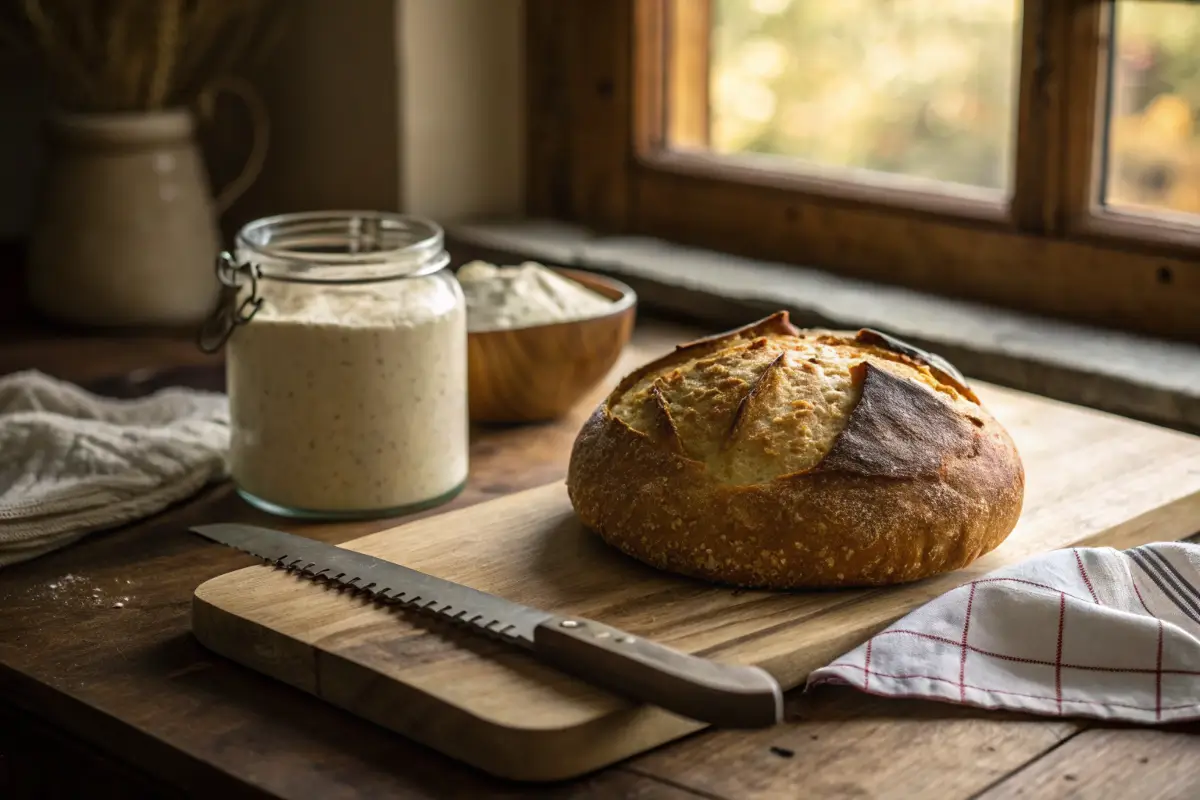 Freshly baked sourdough bread on a wooden board in a rustic kitchen