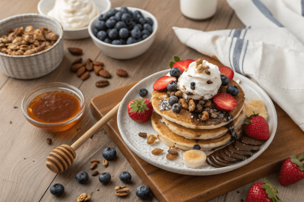 A variety of delicious pancake toppings including fruits, whipped cream, and chocolate drizzle.