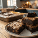 Fudgy brownies stacked with melted chocolate chunks