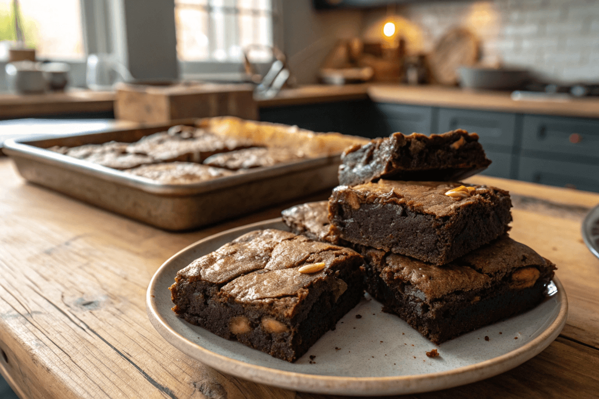 Fudgy brownies stacked with melted chocolate chunks