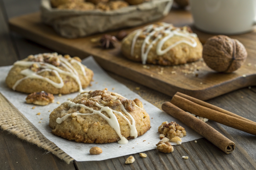 Freshly baked coffee cake cookies with crunchy crumble and vanilla drizzle.