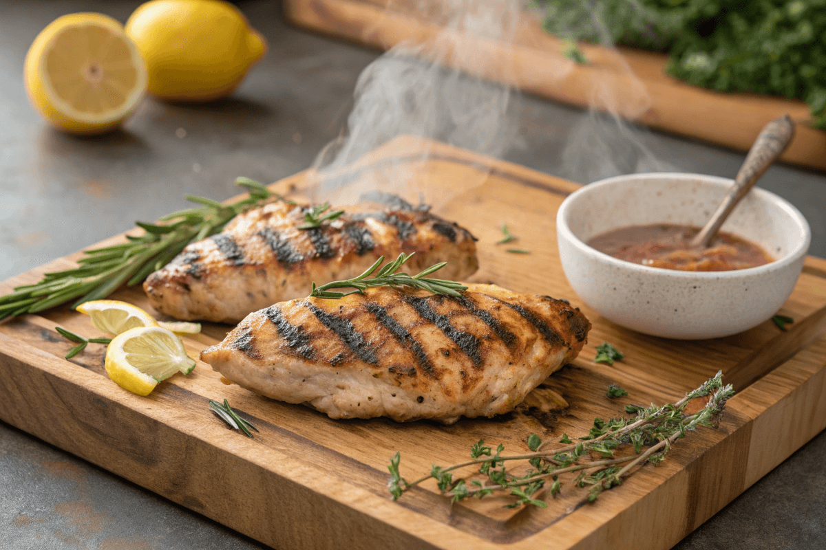 Juicy grilled chicken breast with grill marks on a cutting board.