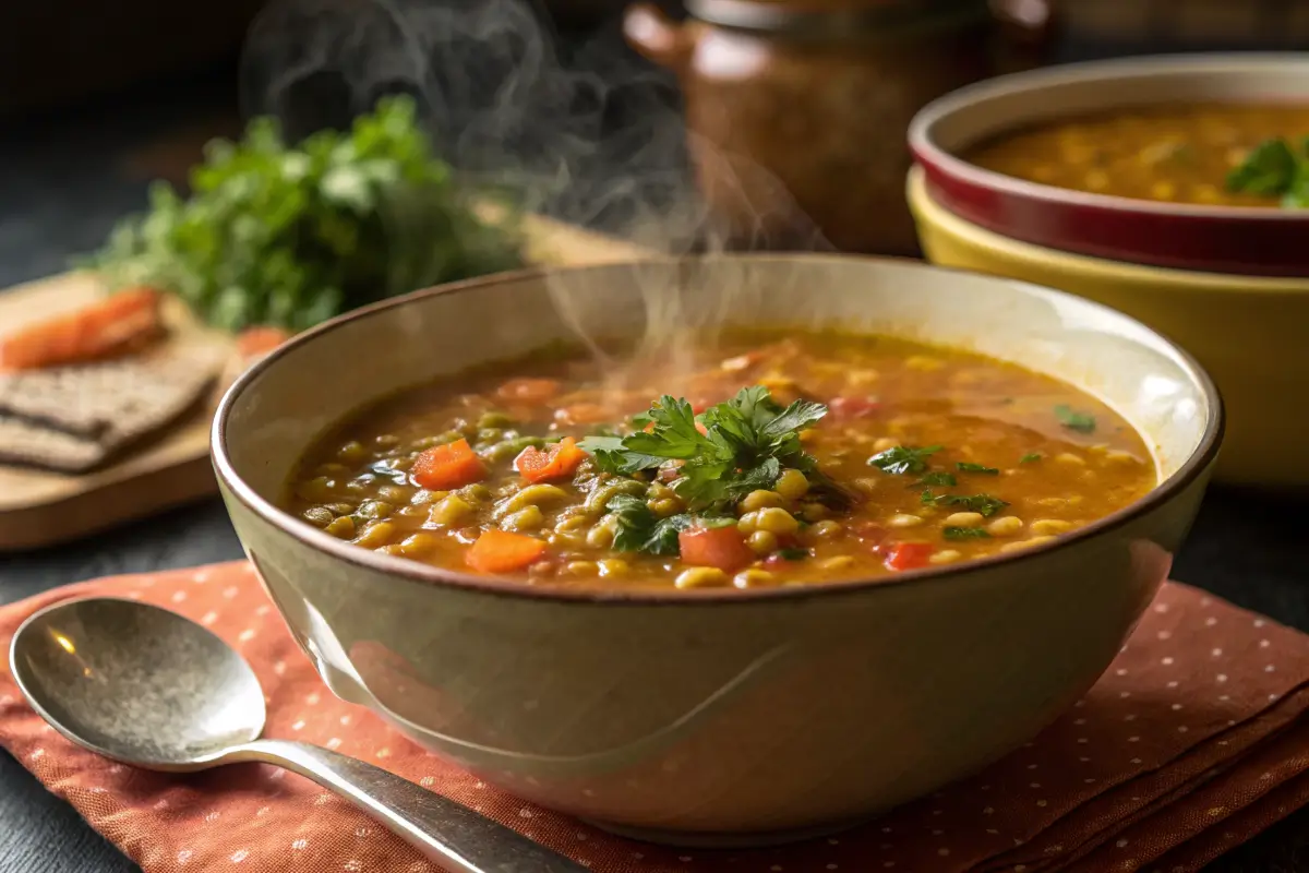 Steaming bowl of lentil soup with crusty bread.