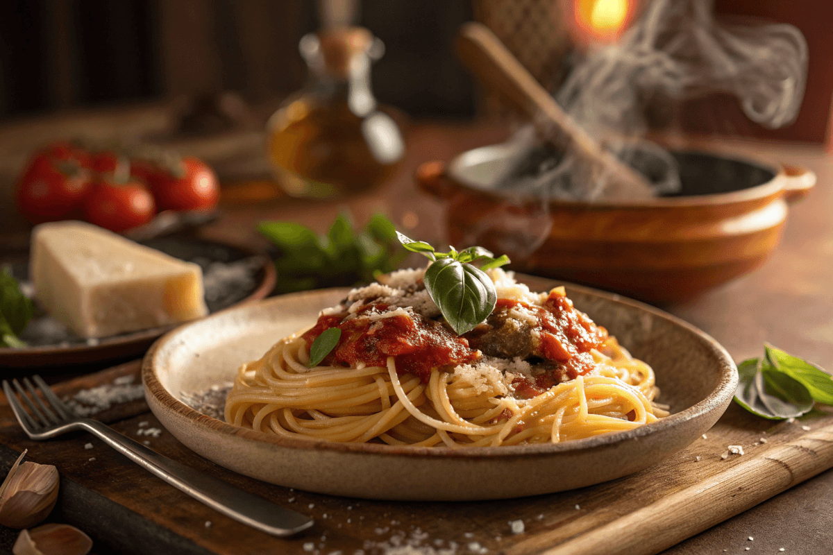 Plate of spaghetti with tomato sauce and basil