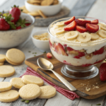 A creamy strawberry banana pudding topped with fresh strawberries and bananas.