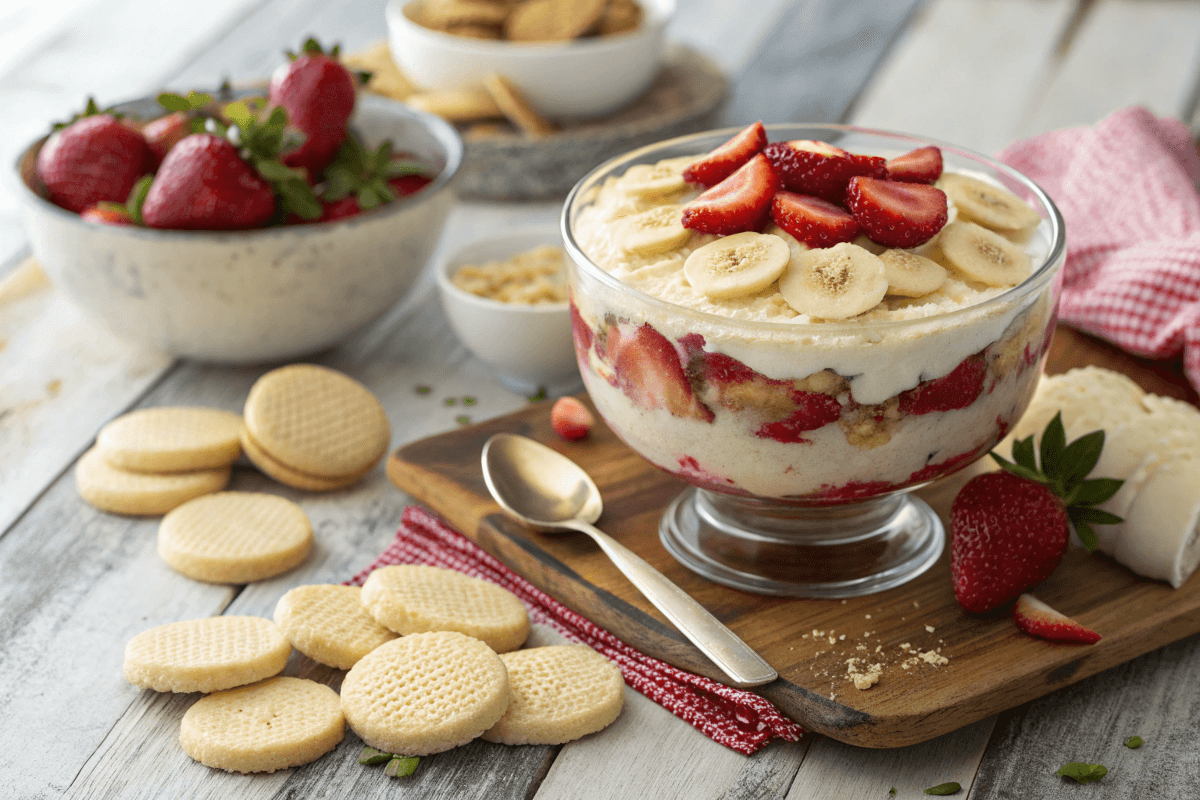 A creamy strawberry banana pudding topped with fresh strawberries and bananas.