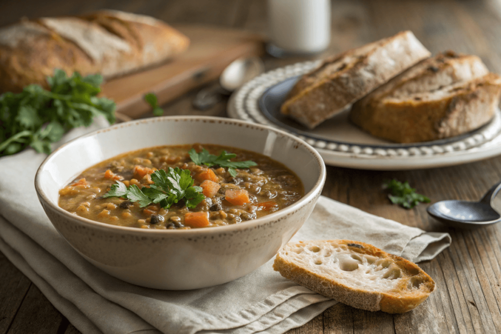 Lentil soup served with bread on a rustic wooden table.