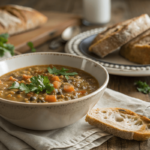 Lentil soup served with bread on a rustic wooden table.