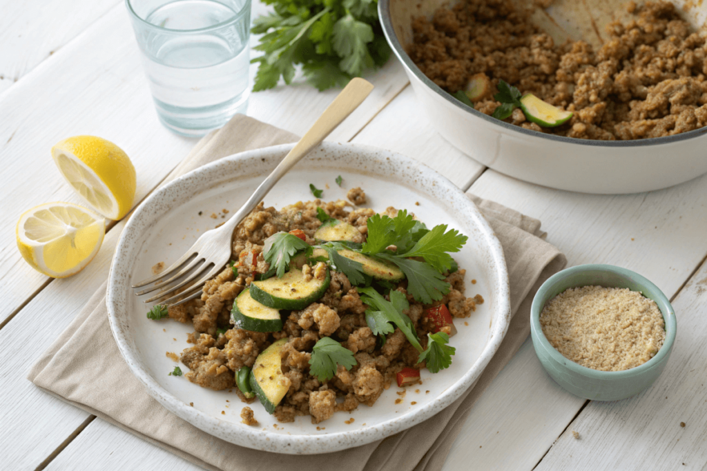 Plated Ground Turkey and Zucchini Skillet with a side of quinoa