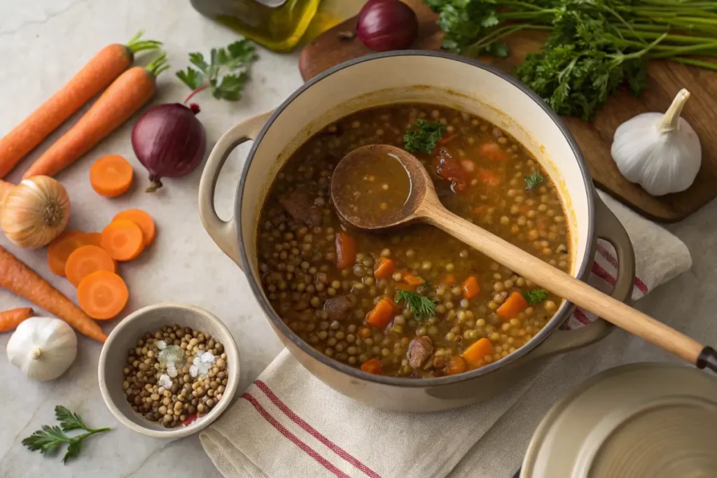 Lentil soup simmering in a pot with a wooden spoon