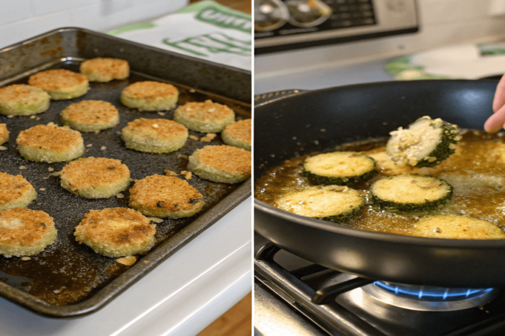 Side-by-side comparison of baked vs. fried zucchini bites.