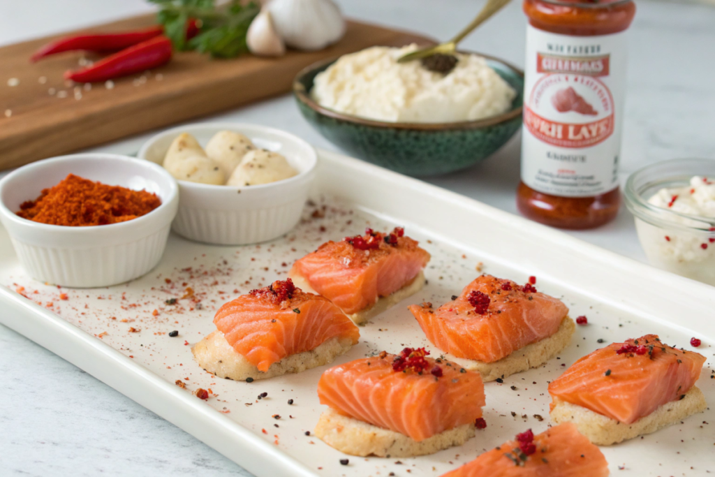 Salmon pieces being coated with flour, egg, and breadcrumbs