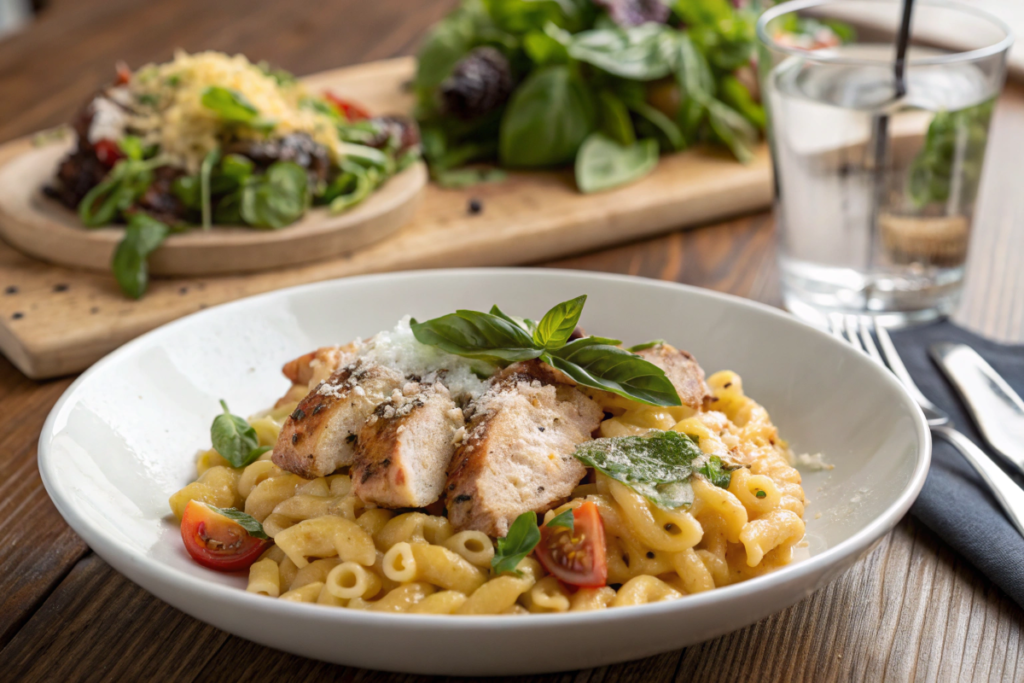 A plated serving of healthy macaroni with chicken