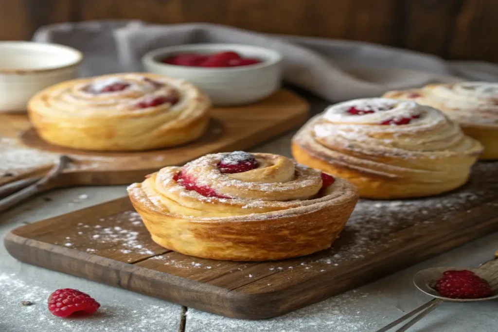 Golden-brown Raspberry Cream Cheese Cruffins dusted with powdered sugar