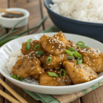 Honey Garlic Chicken glazed in sticky sauce with sesame seeds