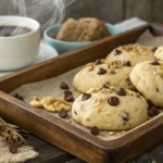 Freshly baked banana bread cookies on a wooden tray