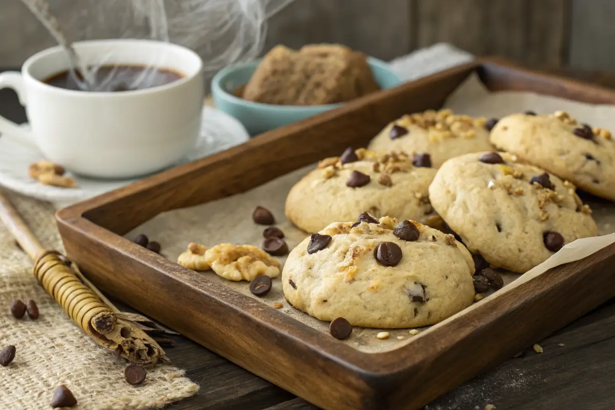 Freshly baked banana bread cookies on a wooden tray