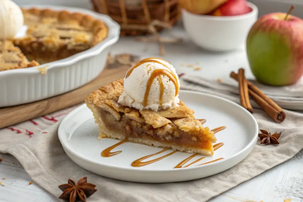  A warm slice of Classic Homemade Apple Pie with vanilla ice cream.