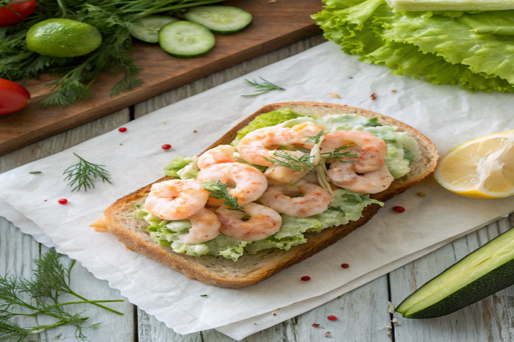 Classic Shrimp Salad Sandwich on toasted bread with fresh herbs