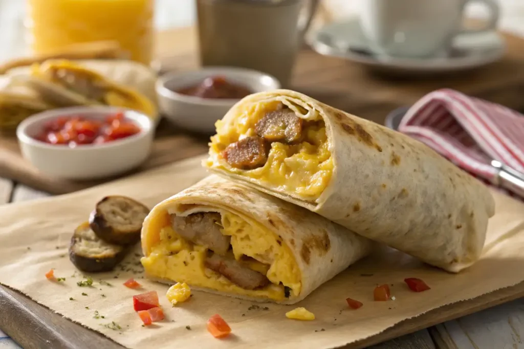 Cheesy sausage and egg breakfast wrap