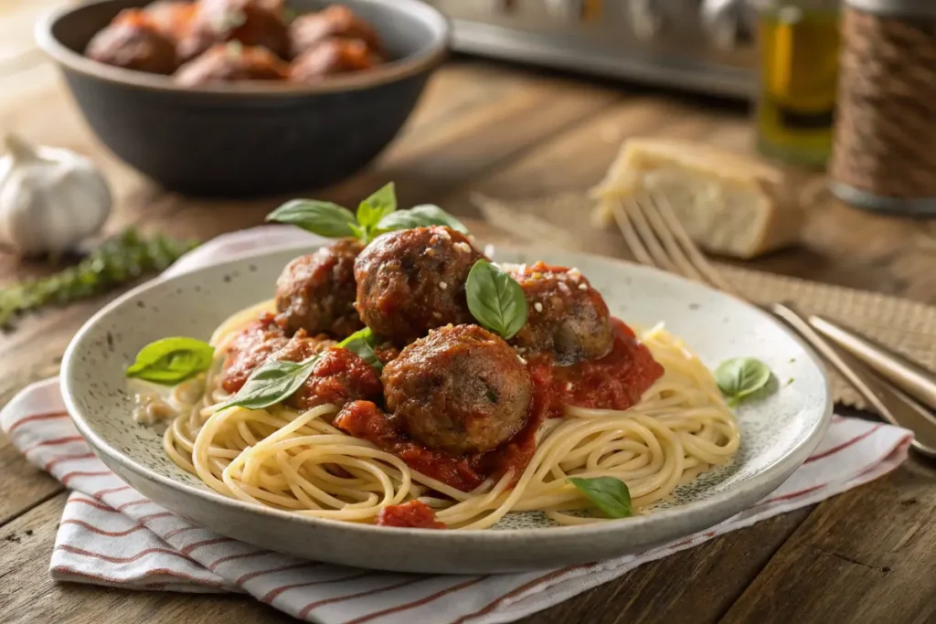 Italian Beef Meatball with Spaghetti plated on rustic table