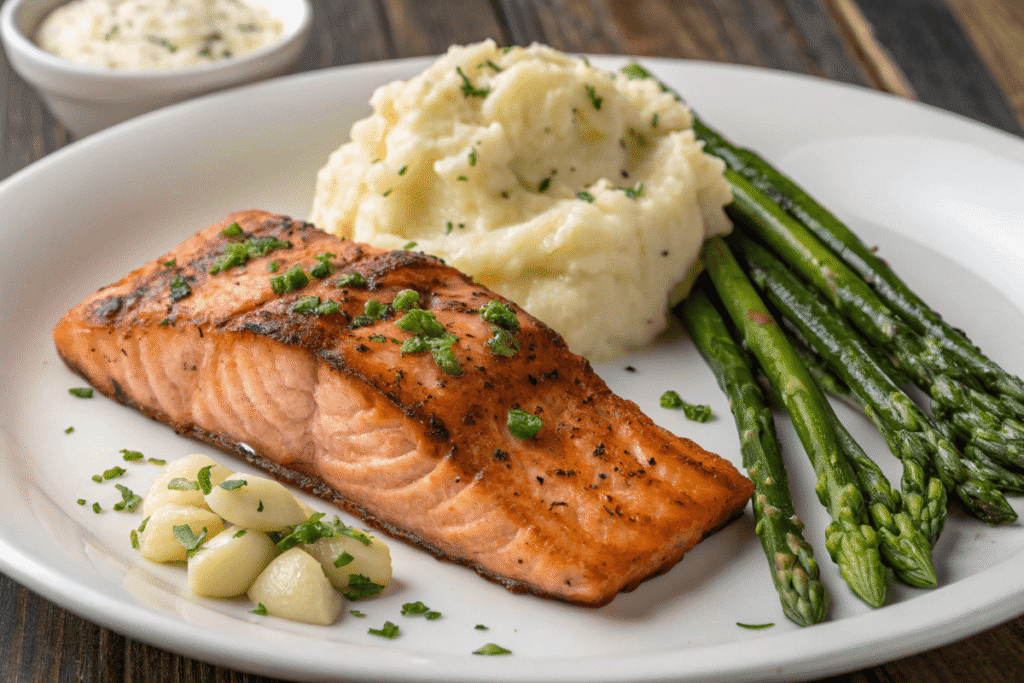 Grilled salmon plated with mashed potatoes and asparagus