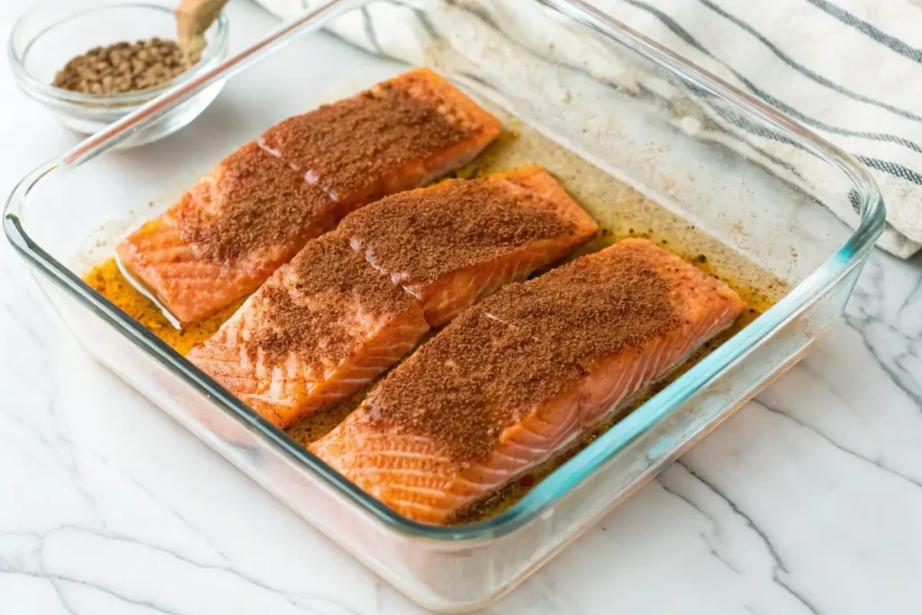 Salmon fillets marinating with brown sugar rub