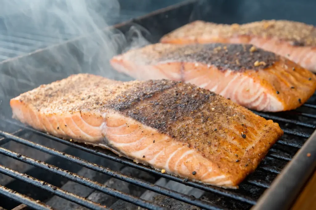 Salmon grilling on open flame with char marks